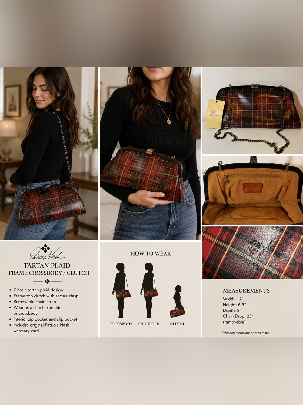 NWT Patricia Nash Tartan Plaid Frame Clutch Crossbody Bag Red Black Chain Strap